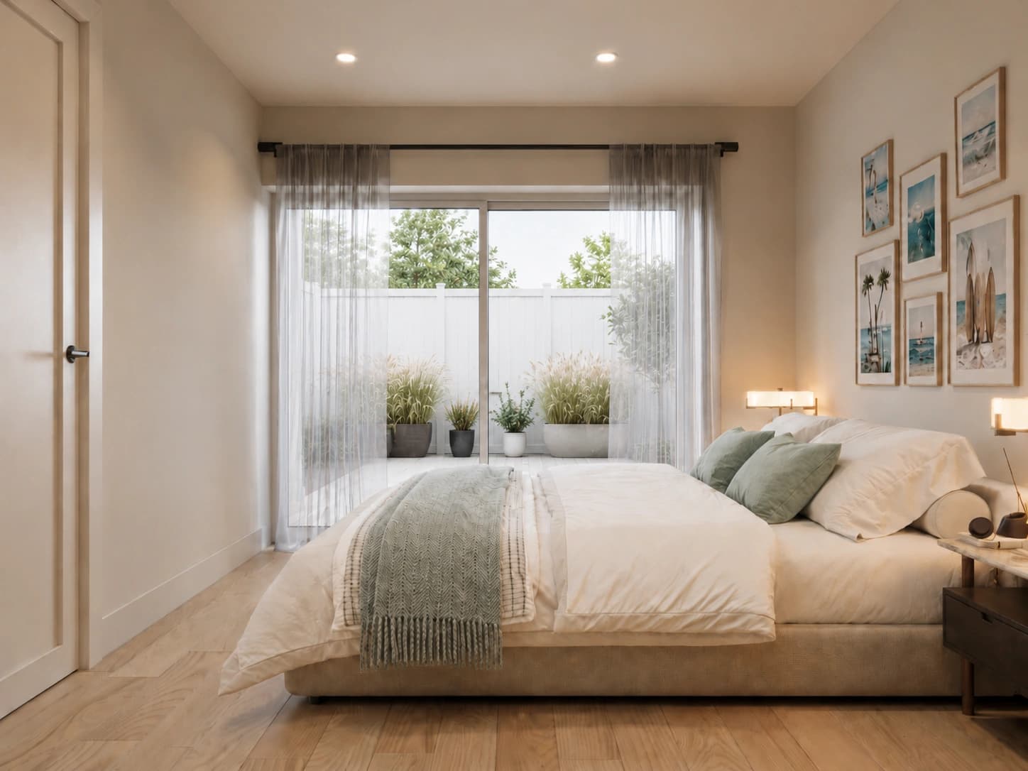 cozy minimalist bedroom with coastal accents